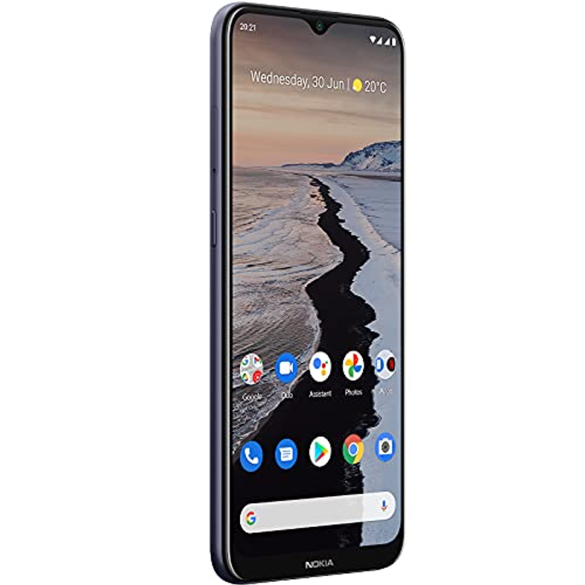 Un teléfono inteligente negro muestra una playa escénica. La pantalla muestra iconos de aplicaciones y la fecha.