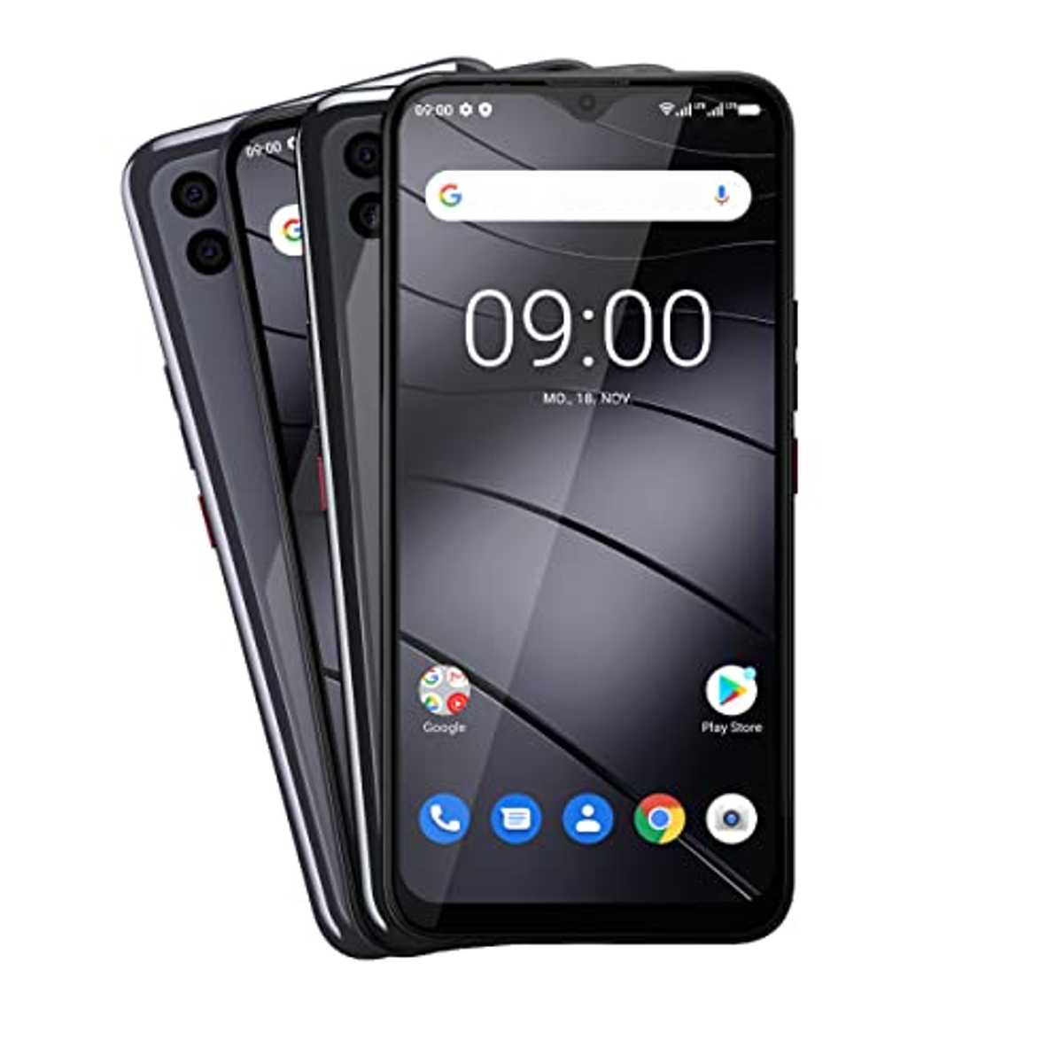 Drei schwarze Smartphones gestapelt, eines zeigt die Uhrzeit 09:00 Uhr. Google- und Play Store-Symbole sind sichtbar.