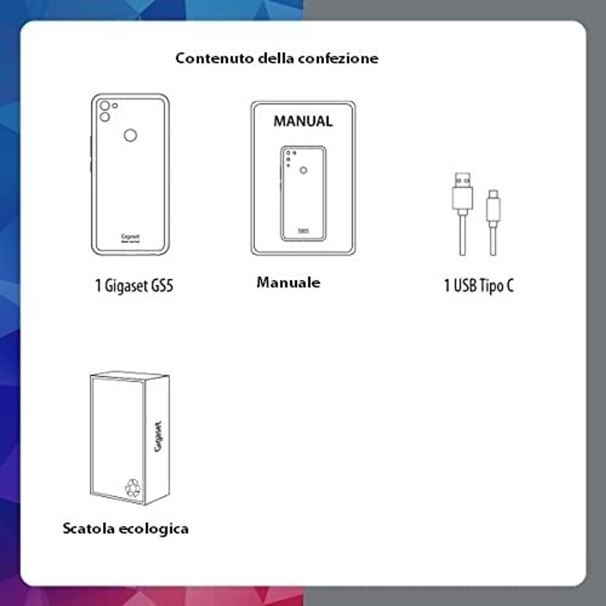Diagramm eines Telefons, Handbuchs und Ladekabels in Schwarzweiß auf weißem Hintergrund.