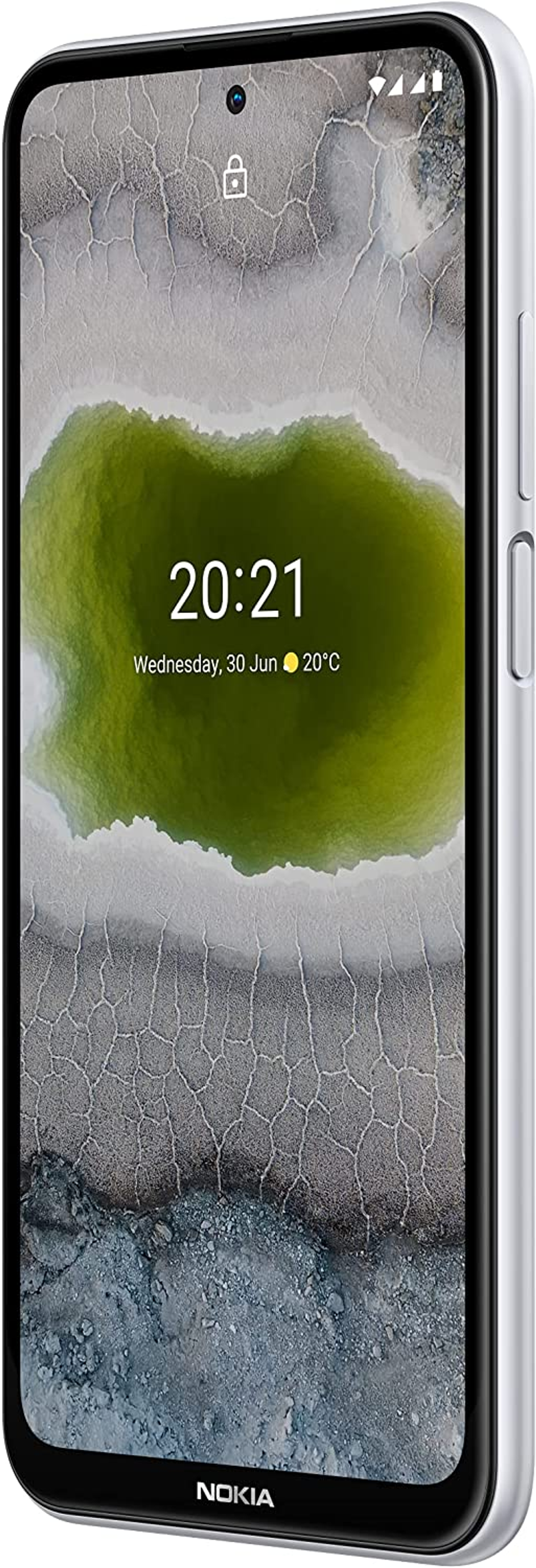 Witte smartphone met tijd en datum op een landschapsafbeelding.