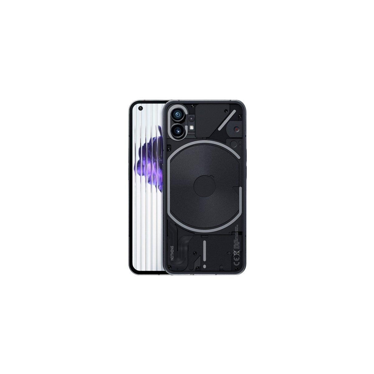 Smartphone negro con parte trasera transparente, mostrando componentes internos. Pantalla blanca.
