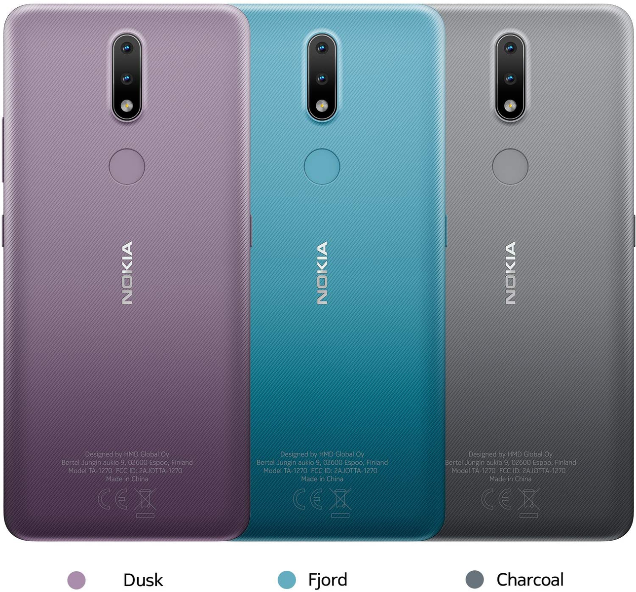 Trzy telefony Nokia. Fioletowy, niebieski i szary. Każdy ma aparat i markę Nokia. Białe tło.