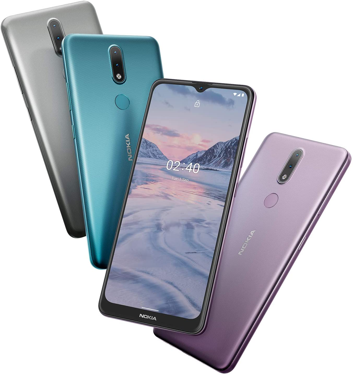 Cztery smartfony: szary, niebieski, czarny i fioletowy. Każdy z aparatem i ekranem.