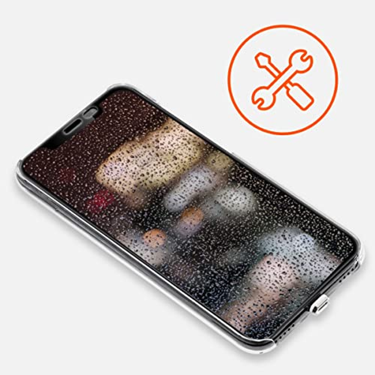 Smartfon z ochroną ekranu z kroplami wody. Ikona naprawy w rogu.