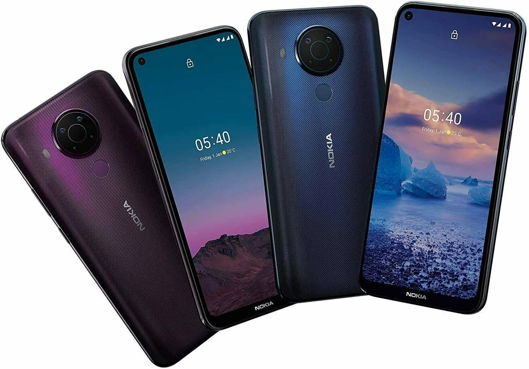 Vier Nokia-Smartphones, zwei lila und zwei marineblaue, mit unterschiedlichen Bildschirmanzeigen.