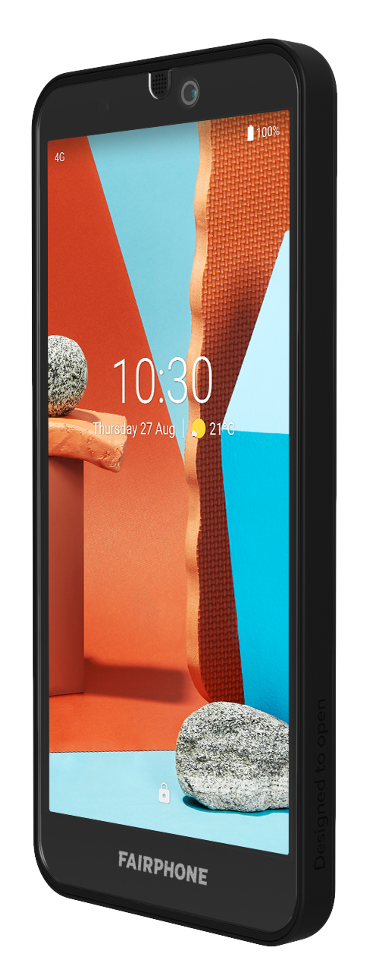 Fairphone Smartphone in schwarzem Gehäuse. Das Telefon zeigt Uhrzeit, Datum und ein buntes Bild.