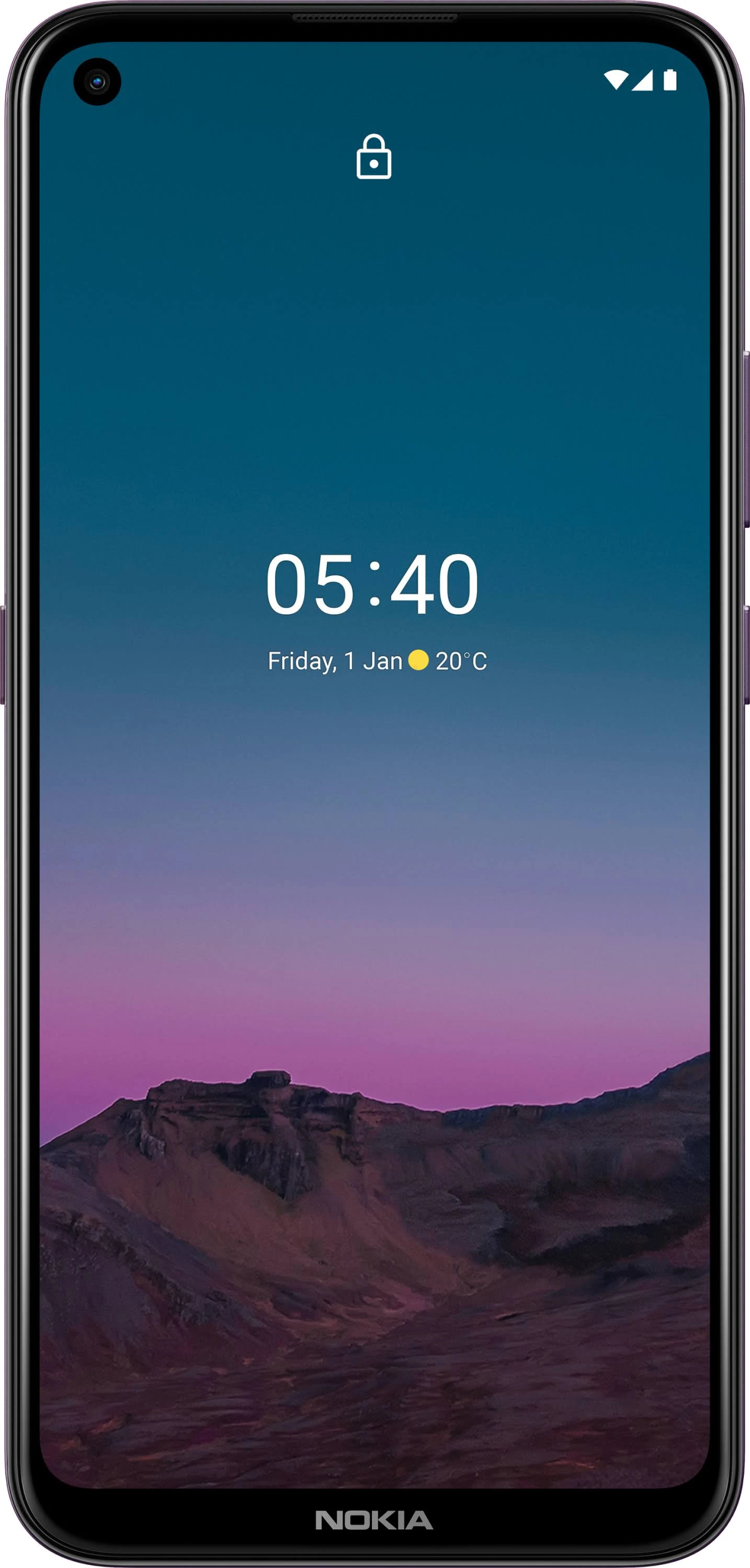 Ein Nokia Smartphone mit dunkelviolettem Rahmen. Der Sperrbildschirm zeigt Uhrzeit, Datum und Temperatur.