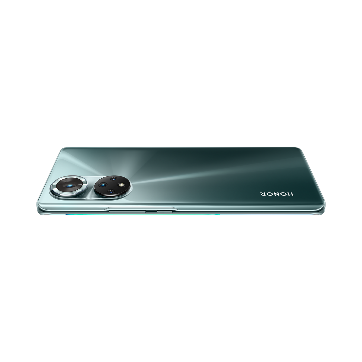Grünes Telefon mit zwei Rückkameras. Schwarzer Hintergrund.
