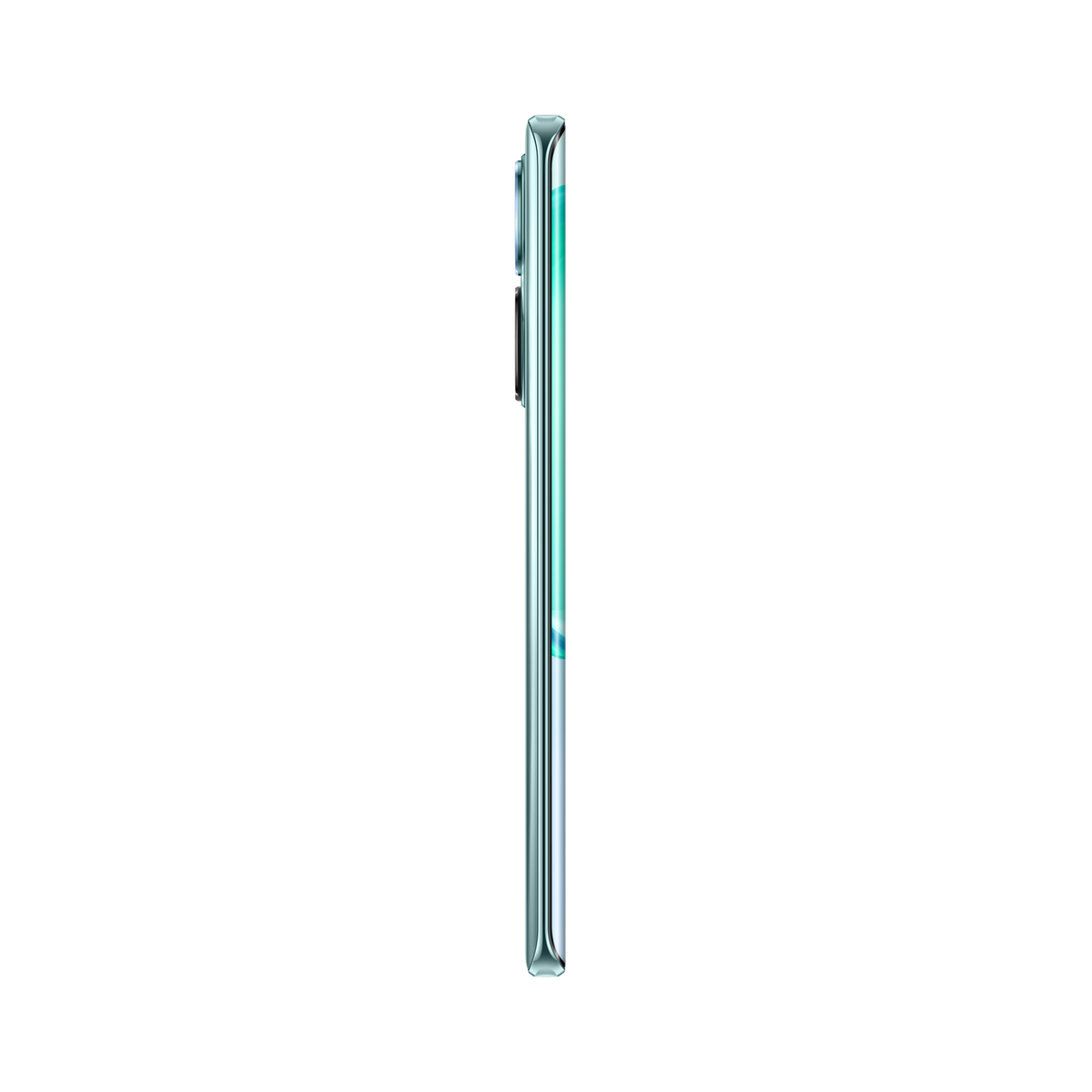 Seitenansicht eines Smartphones. Das Telefon ist hellblau und glänzend.