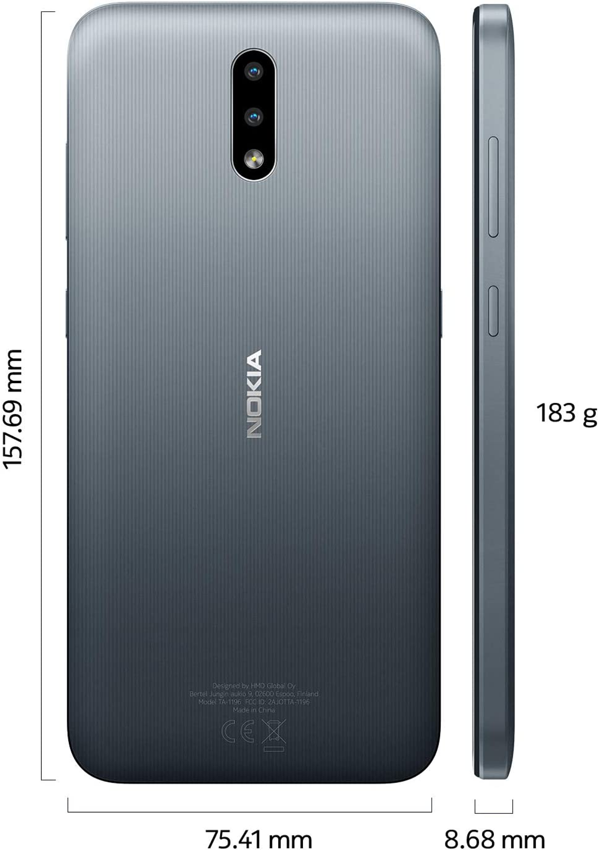 Graues Nokia-Telefon, Rück- und Seitenansicht. Abmessungen und Gewicht in mm und Gramm.