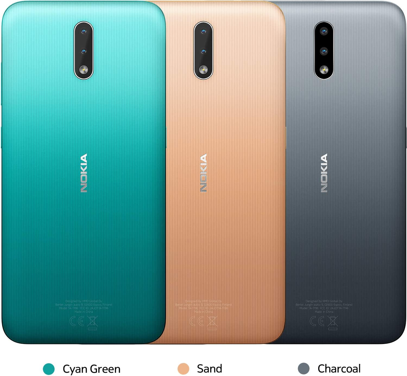 Drei Nokia-Telefone in den Farben Zyan-Grün, Sand und Anthrazit, nebeneinander aufgereiht.