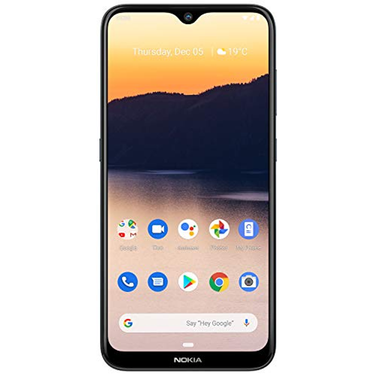 Schwarzes Smartphone mit Notch, zeigt App-Symbole und Uhrzeit. Hintergrund ist ein oranger Himmel.