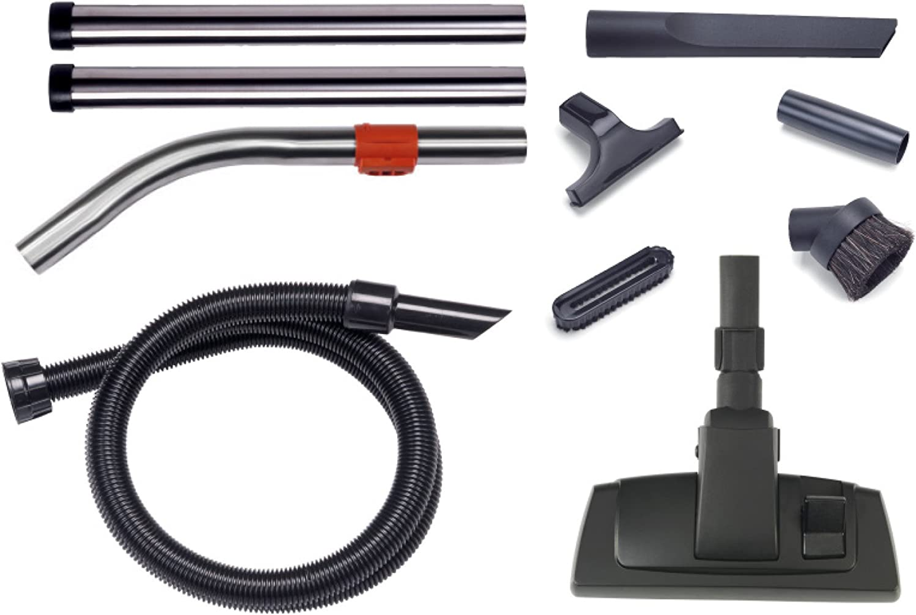 Części odkurzacza: rury, wąż i różne dysze.