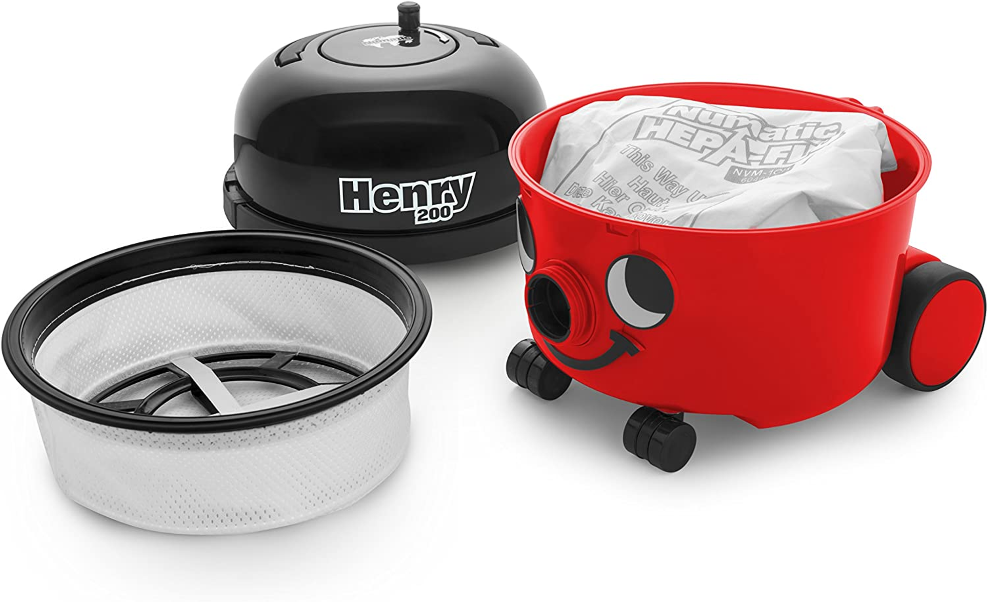 Czerwony odkurzacz Henry z akcesoriami. Widoczny jest filtr, górna część i worek.