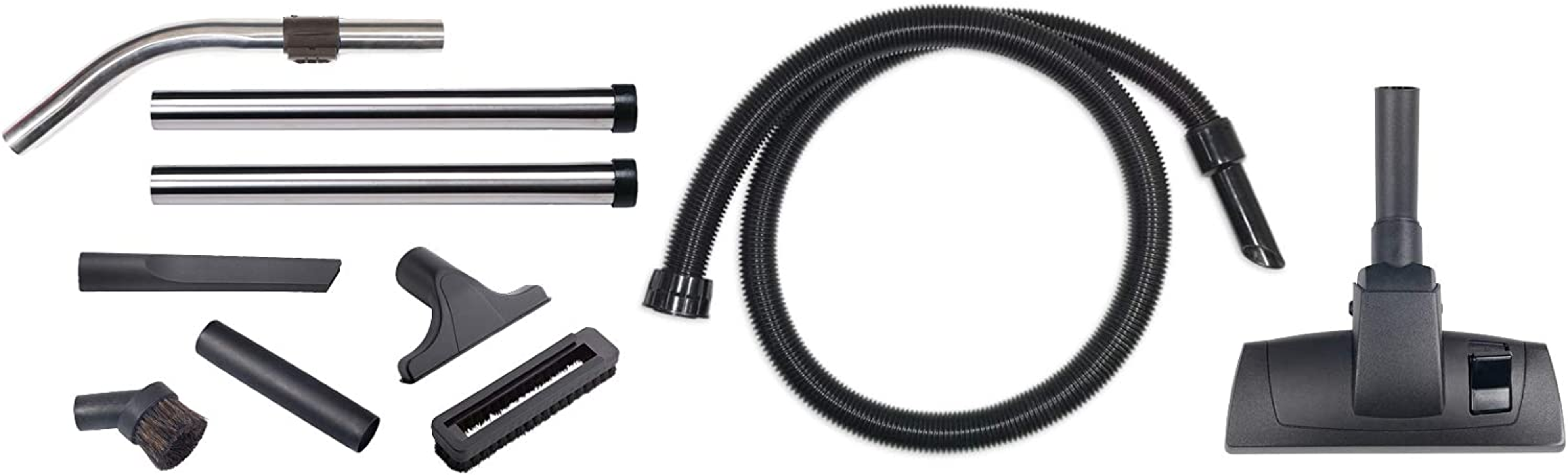 Części odkurzacza: różne nasadki, wąż i uchwyt. Wszystkie części są czarne.