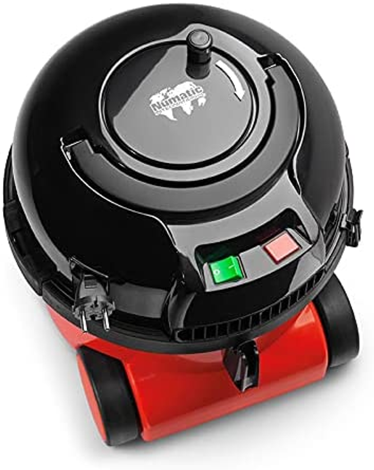 Widok z góry na czarno-czerwony odkurzacz z przyciskami i wtyczką zasilania.