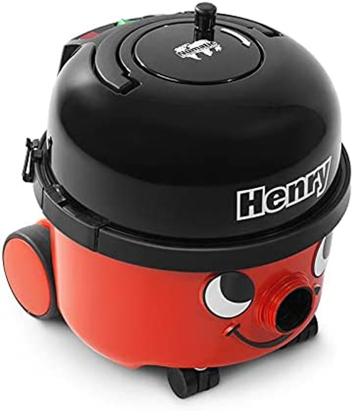 Czerwony odkurzacz Henry z uśmiechniętą twarzą.