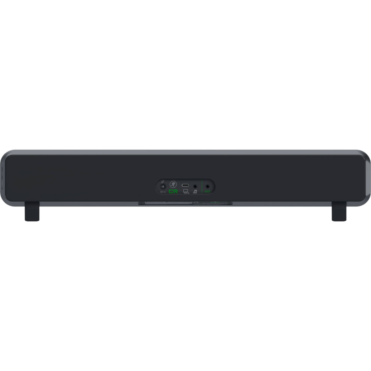 Una barra de sonido negra con puertos en la parte trasera, aislada.