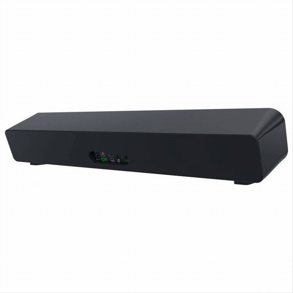 Una barra de sonido negra con algunas luces en la parte delantera. El fondo es blanco.