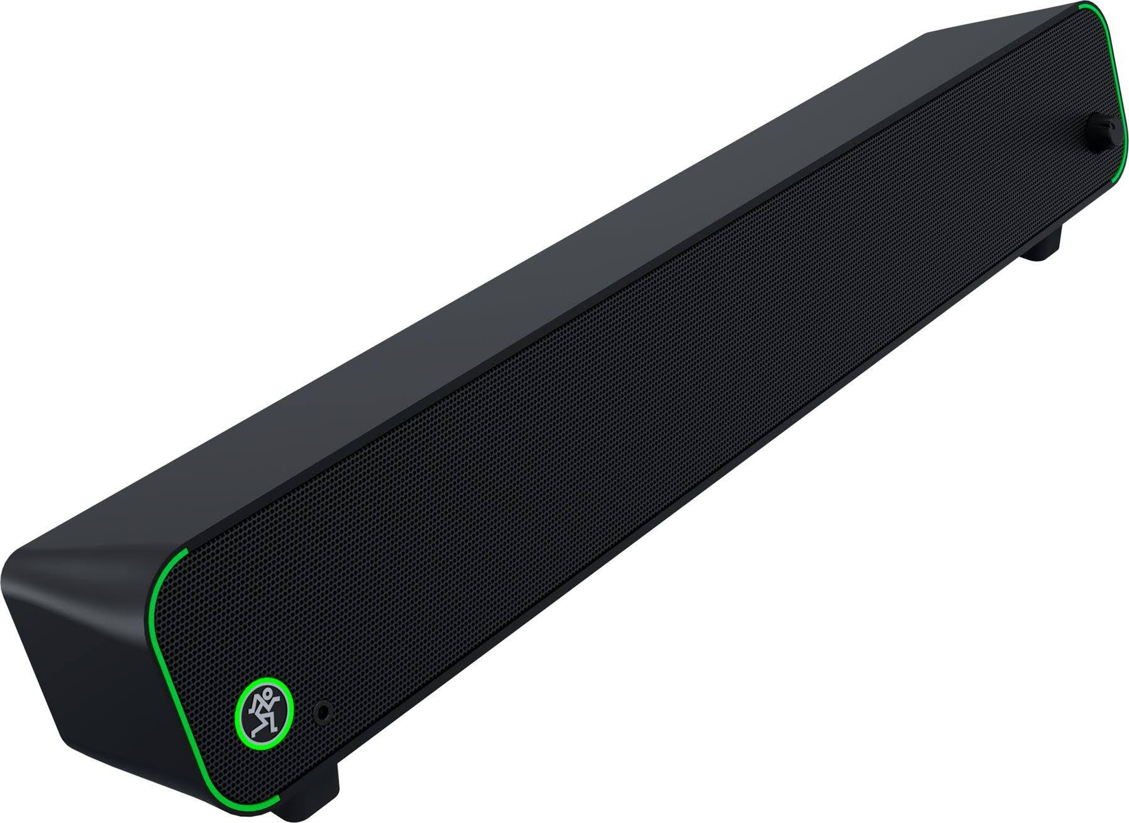 Una barra de sonido negra con detalles verdes, con una rejilla y un logotipo lateral.