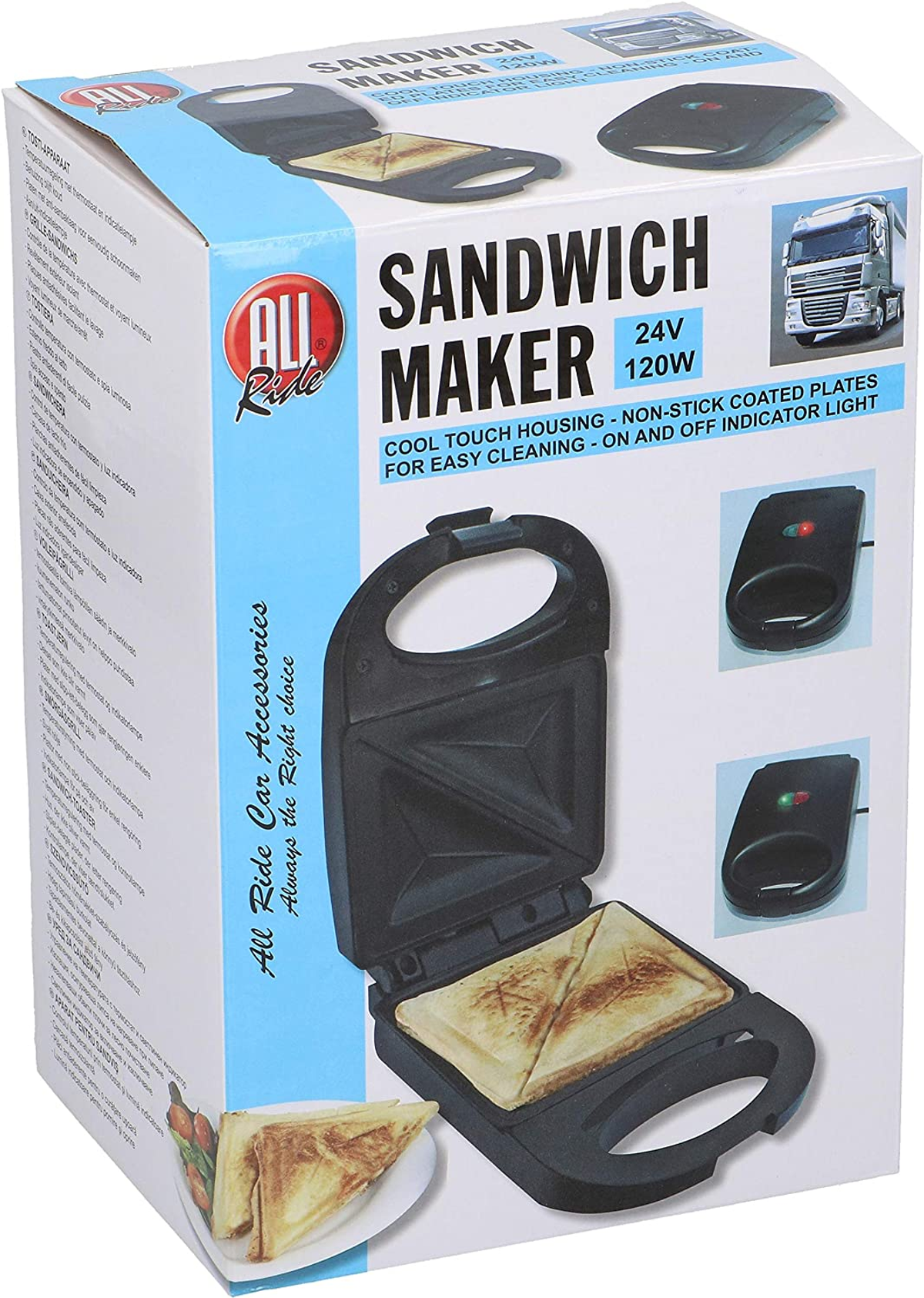 Scatola per sandwich maker con immagini. Scatola blu e bianca, immagini di sandwich e testo.