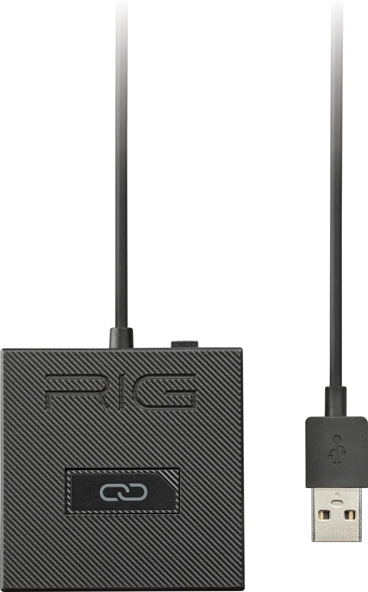 Czarny prostokątny sprzęt RIG z kablem i złączem USB. Urządzenie ma symbol łącza.