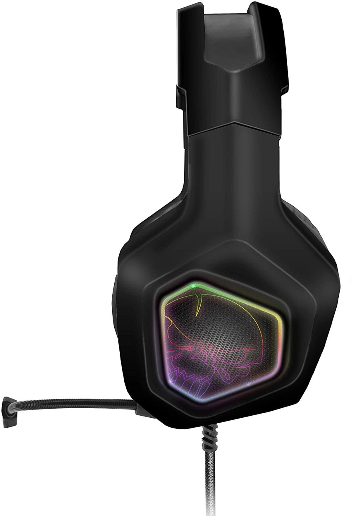 Czarne i czerwone słuchawki dla graczy. Lewa słuchawka ma świecący wzór czaszki.