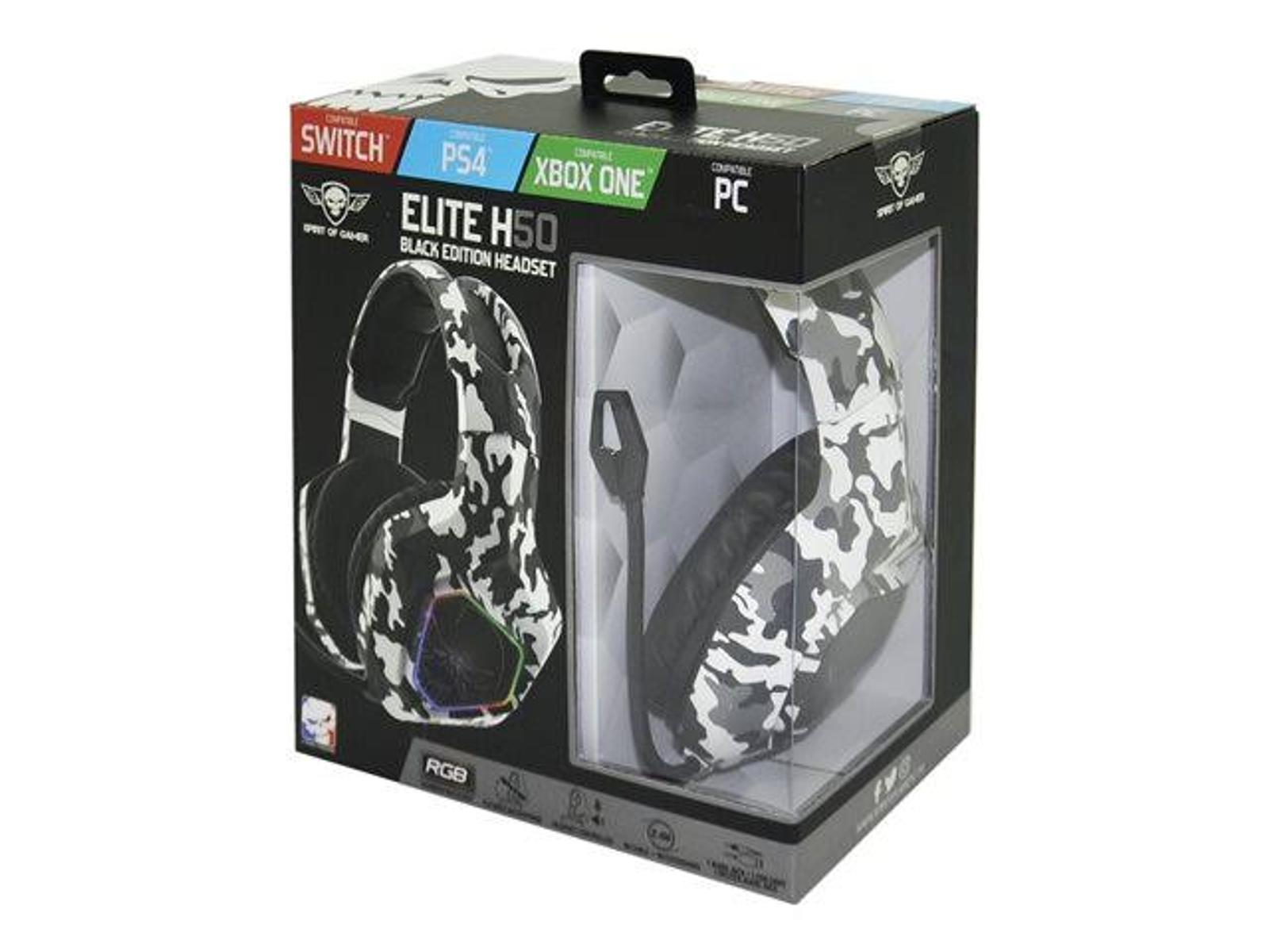 Czarno-biały zestaw słuchawkowy dla graczy w pudełku. Pudełko pokazuje zestaw słuchawkowy i jego funkcje.