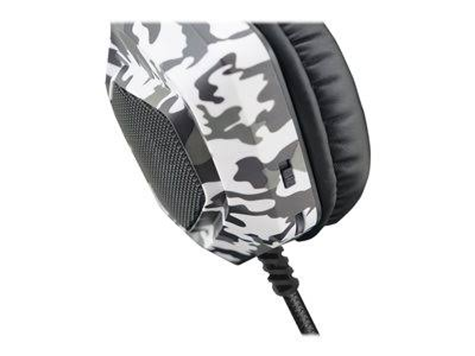 Słuchawki, biały kamuflaż na nauszniku, czarna siatka i przewód.