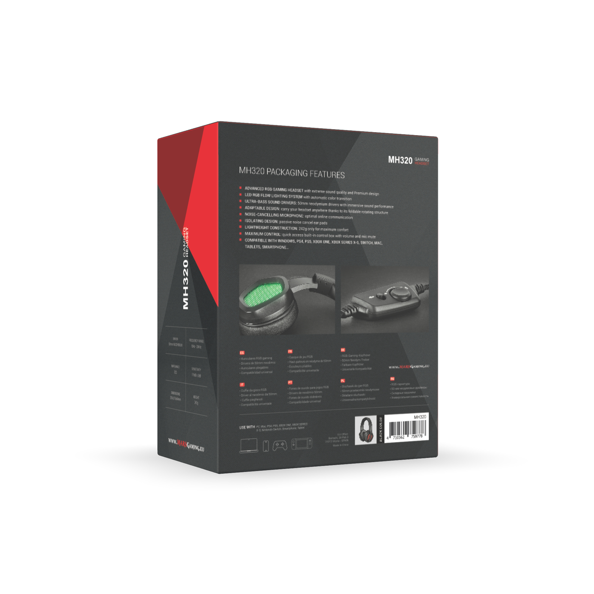 Pudełko słuchawek dla graczy z wymienionymi funkcjami. Słuchawki widoczne na zielonym tle.