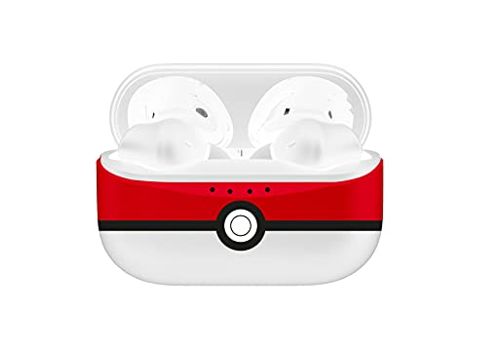 Biało-czerwone słuchawki Pokemon z etui ładującym w kształcie Pokeballa.