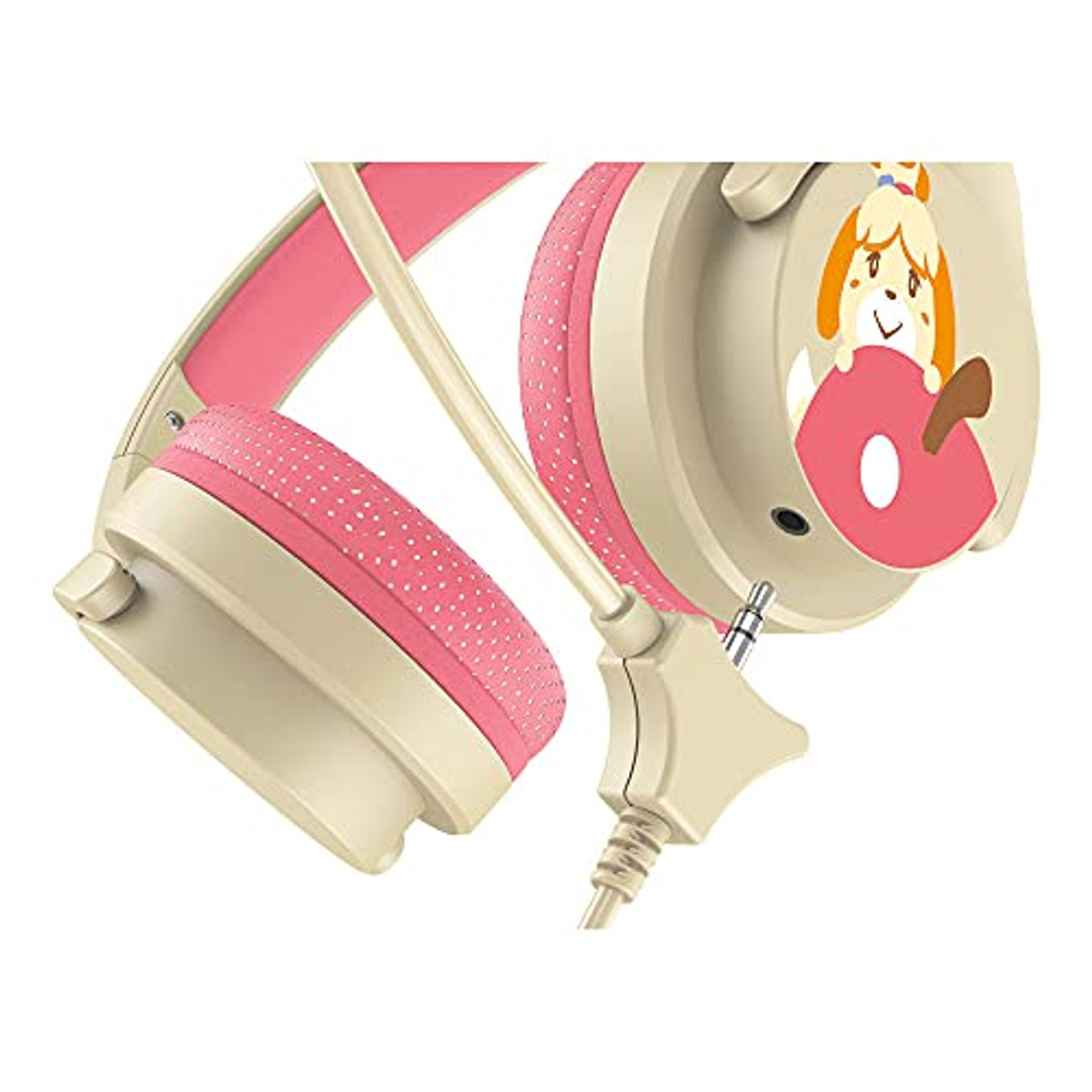 Różowe i beżowe słuchawki z nadrukiem postaci z kreskówek na nausznikach.