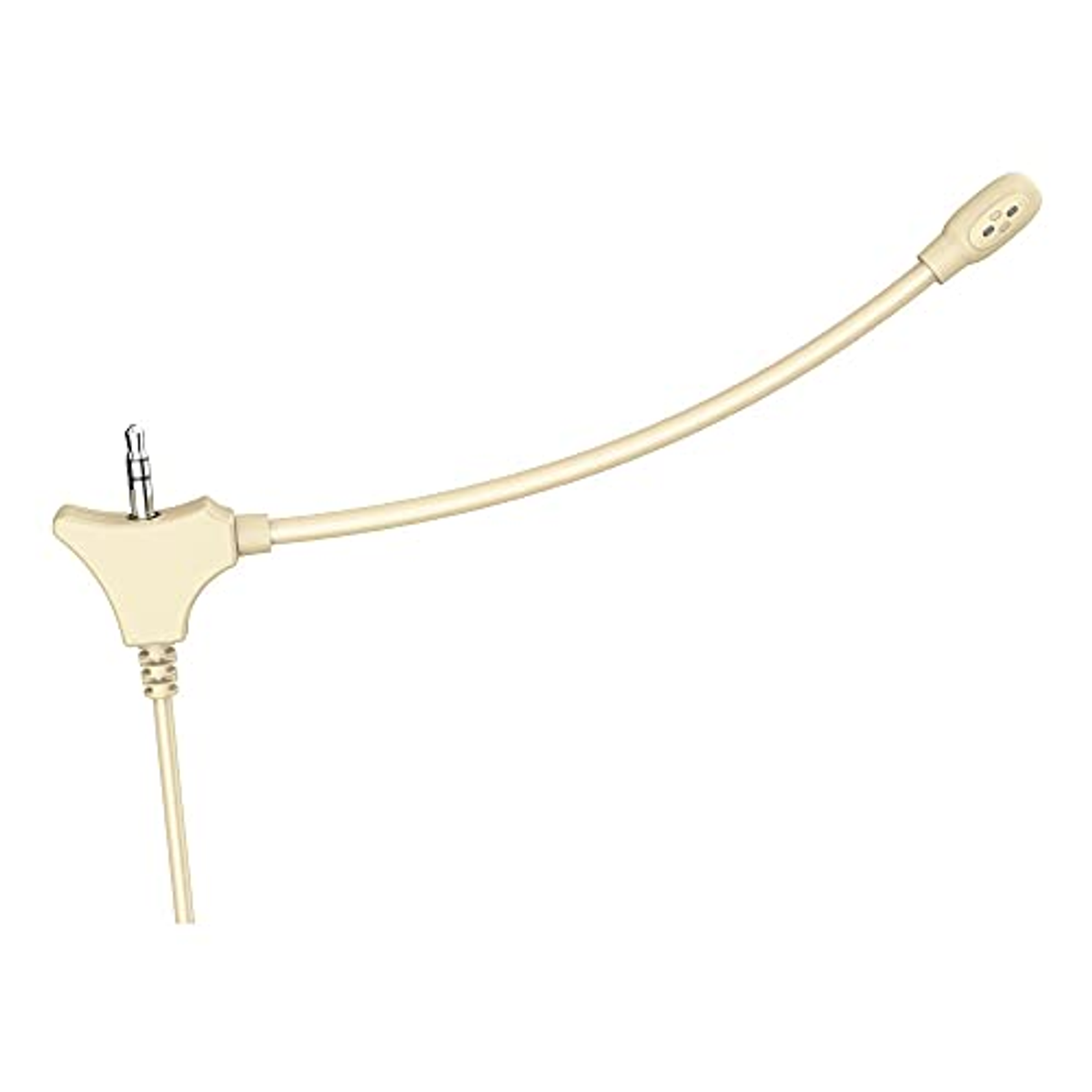 Beżowy mikrofon z elastycznym ramieniem i gniazdem 3,5 mm. Mikrofon jest przeznaczony do użytku bez użycia rąk.