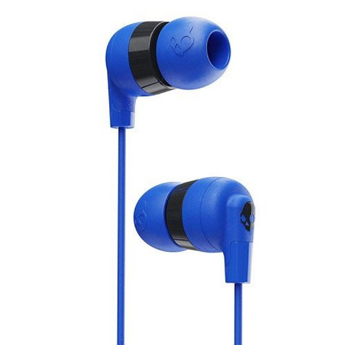 Dwa niebieskie słuchawki Skullcandy z czarnymi akcentami i niebieskim kablem.