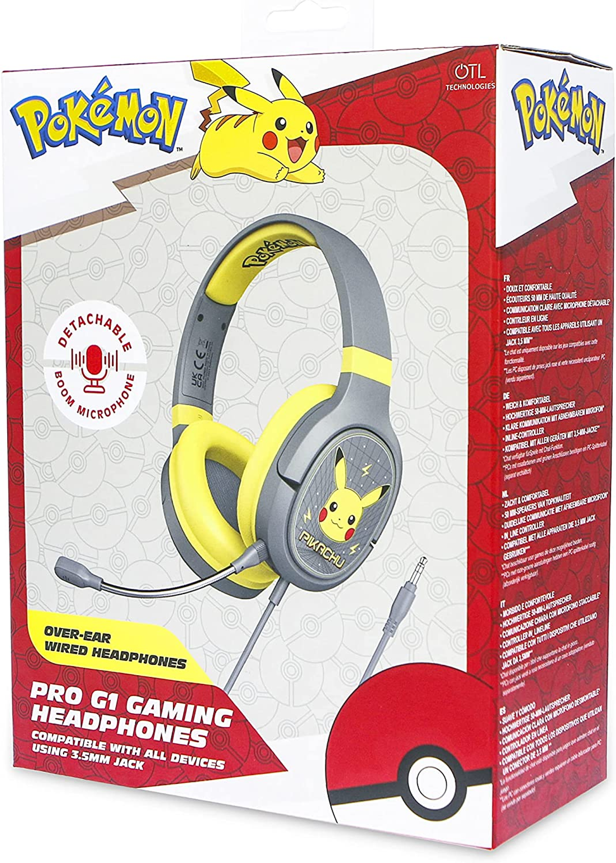 Słuchawki z motywem Pokemon w pudełku. Są żółte i szare z Pikachu.