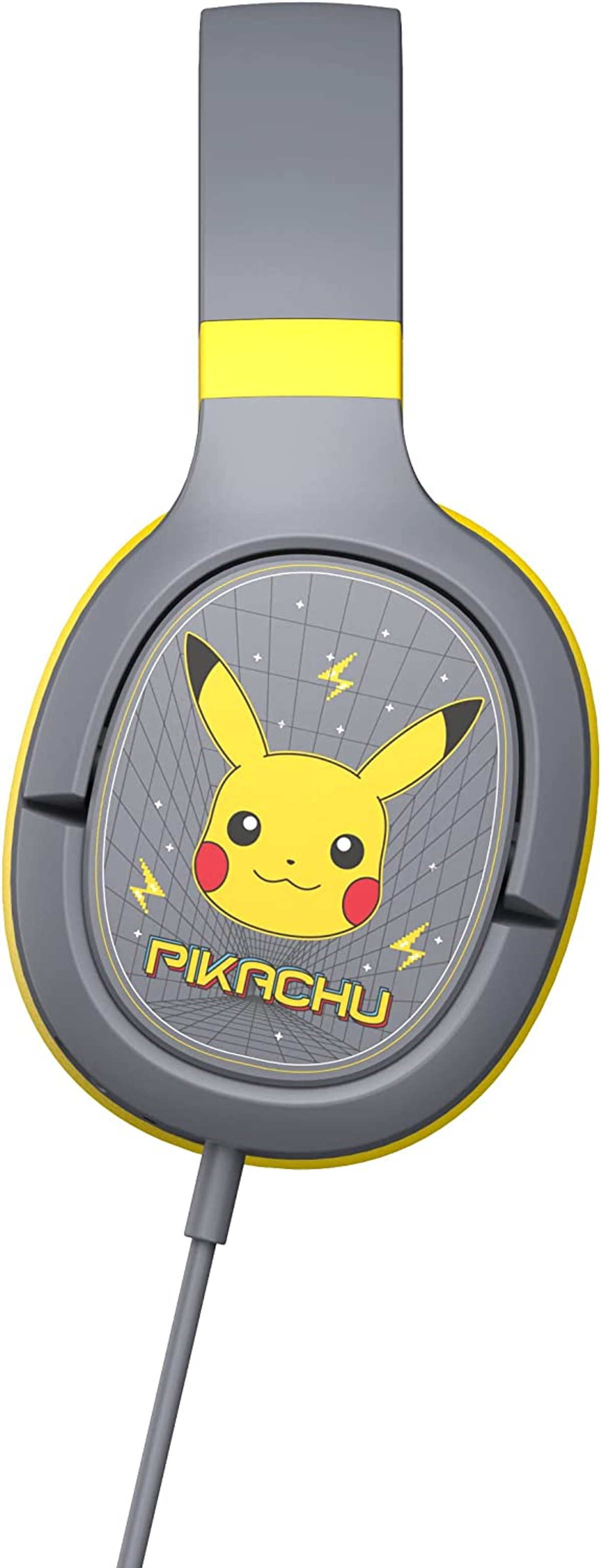 Szare i żółte słuchawki Pikachu z kablem, na białym tle.