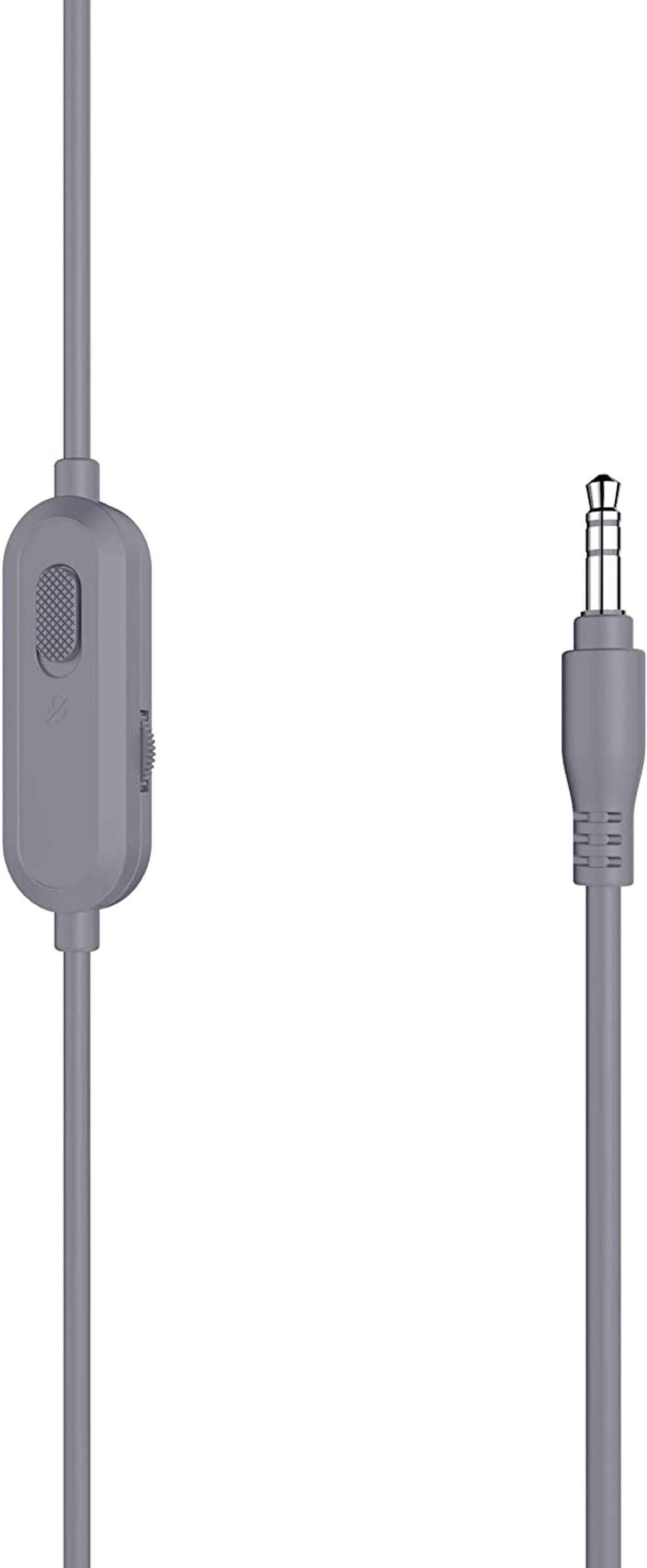 Szary kabel słuchawkowy z kontrolą i wtyczką. Białe tło.