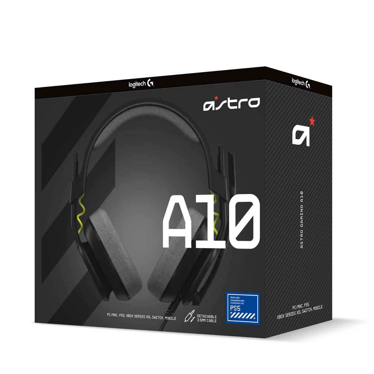 Astro A10 gaming headset doos, zwart met grijze koptelefoon en gele accenten.