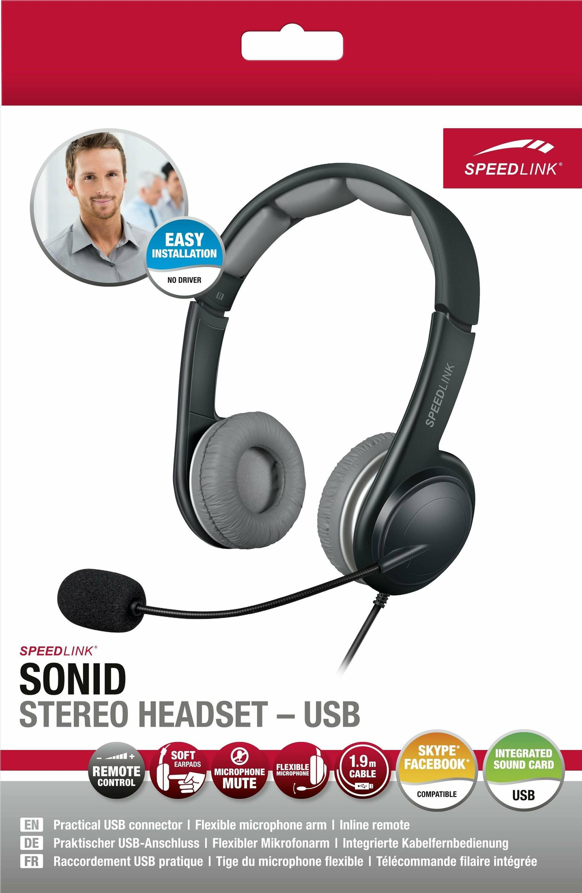 Ein Headset in einer Box, mit einem Bild eines Mannes. Die Box hat Text zu den Funktionen des Headsets.