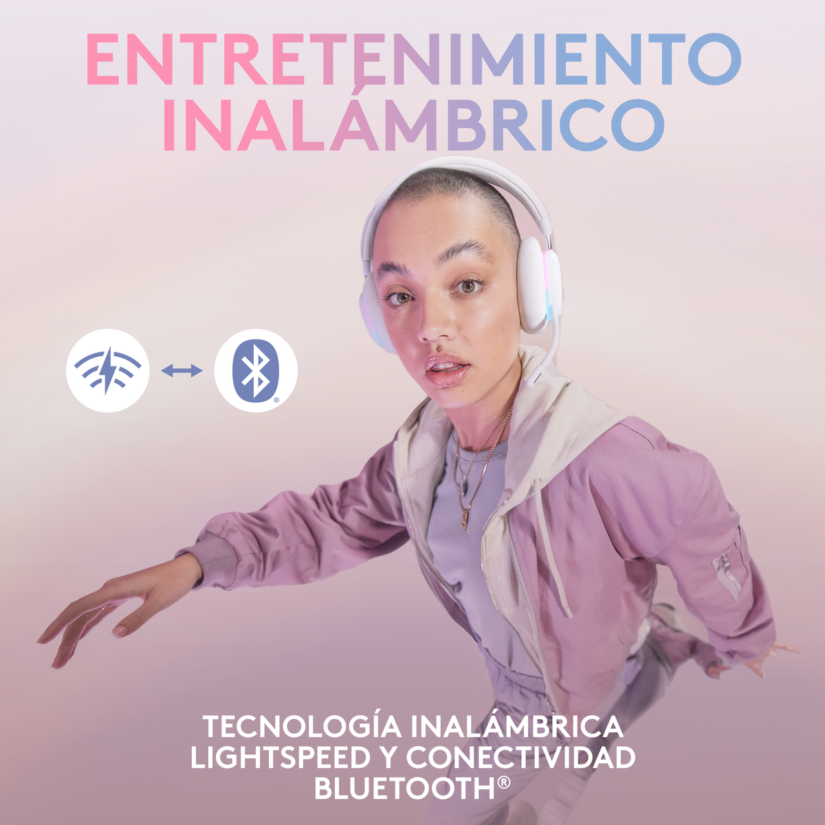 Kobieta w słuchawkach. Tekst brzmi 'Rozrywka bezprzewodowa'. Widoczne są logo technologii bezprzewodowej i bluetooth.