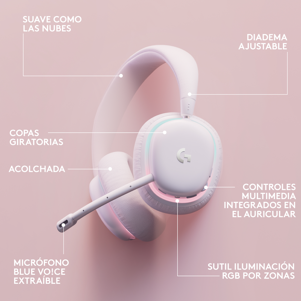 Białe słuchawki do gier z różowym oświetleniem i etykietami w języku hiszpańskim.