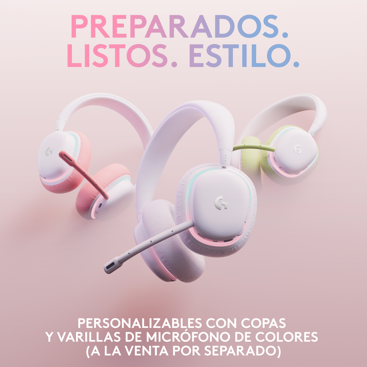 Trzy bezprzewodowe słuchawki z mikrofonami. Tekst: PREPARADOS. LISTOS. ESTILO. Konfigurowalny.