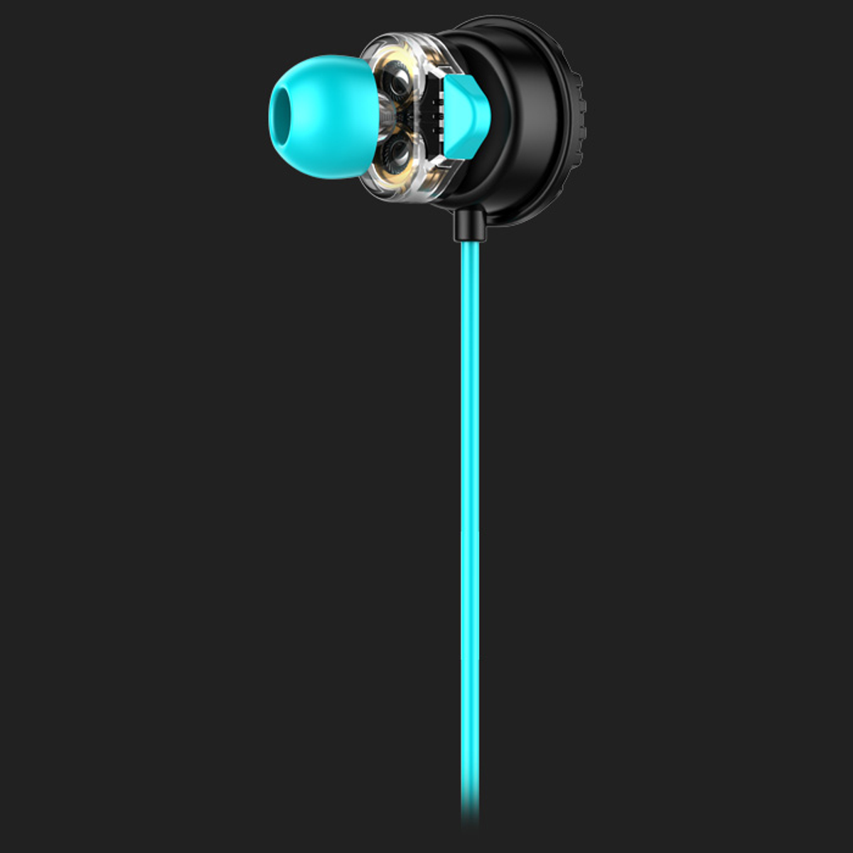 Auricolari, vista in sezione. Auricolare turchese, componenti interni visibili. Sfondo nero.