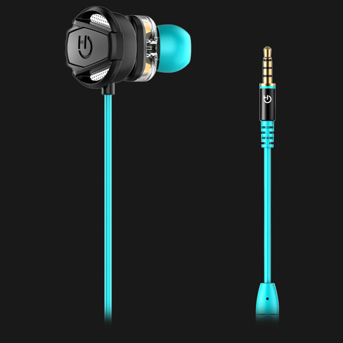Auricolari neri e verde acqua con jack verde acqua. Sfondo nero.