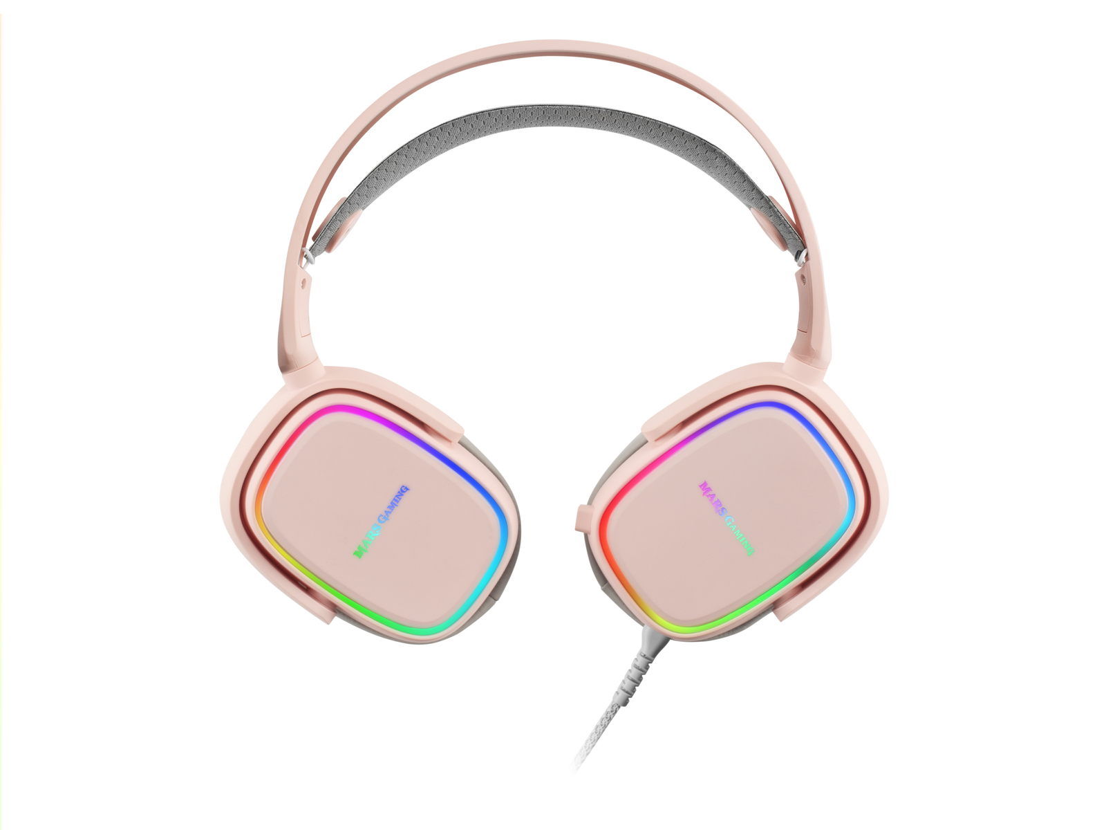 Auriculares gaming rosas con micrófono y luces de colores.