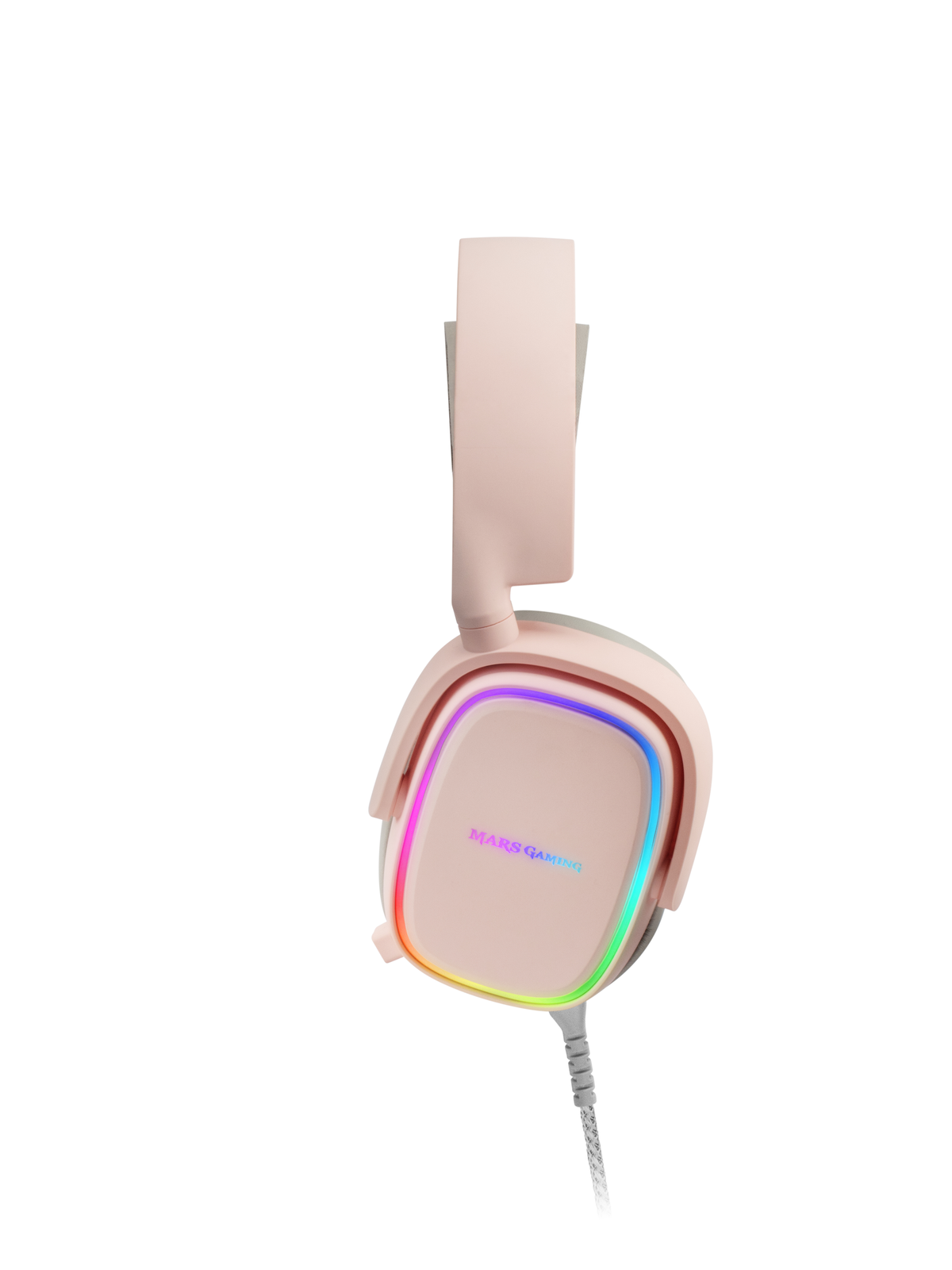 Auriculares gaming rosas con luz arcoíris. La marca Mars Gaming está escrita en el lateral.