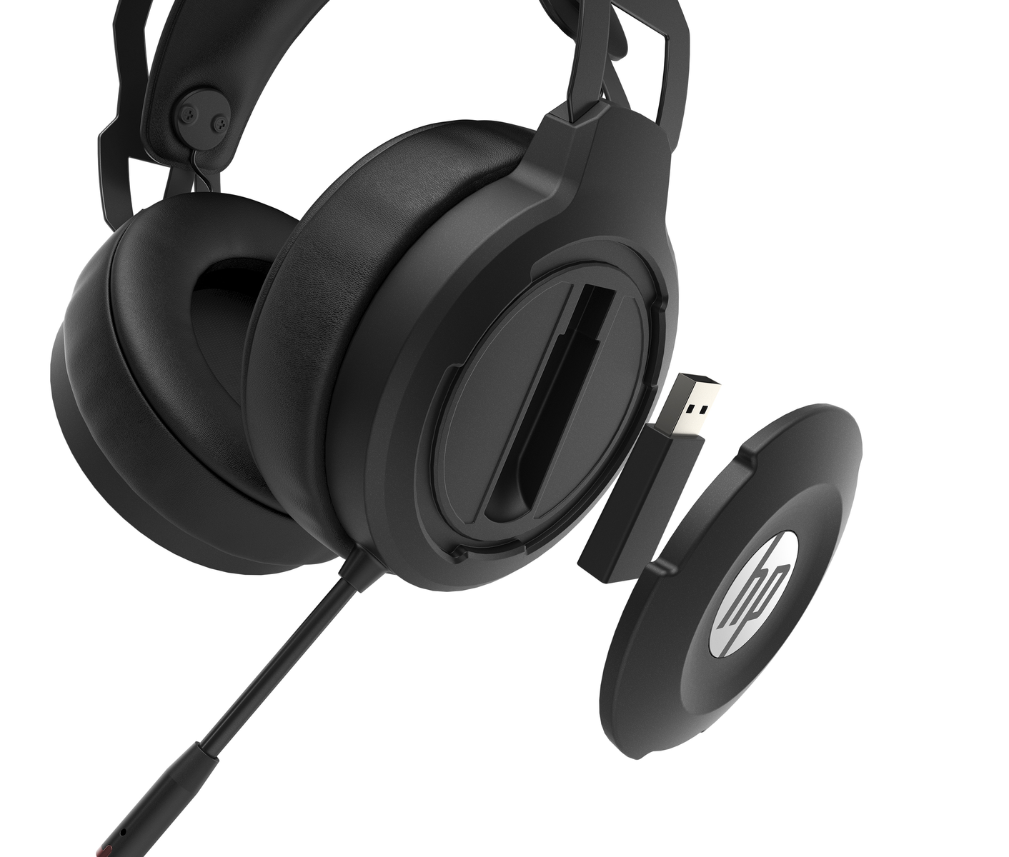 Cuffie da gioco nere, con microfono staccabile e dongle USB.