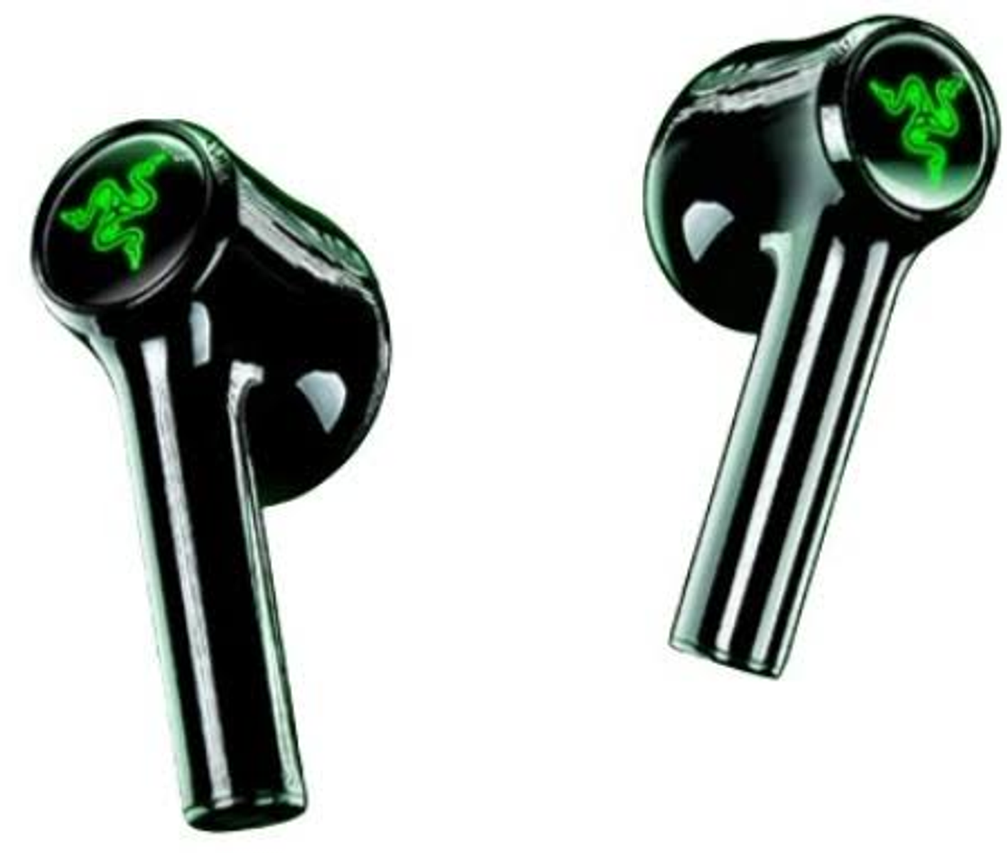 Dwa czarne słuchawki Razer z zielonym logo. Są błyszczące i mają cylindryczny design.