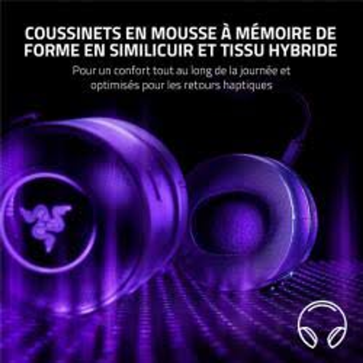 Purple headphones with a Razer logo. Text about memory foam cushions is in the background.
