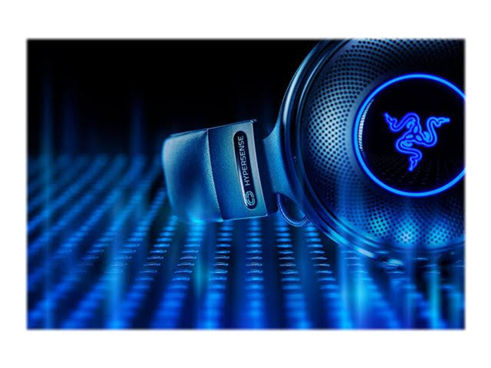 Blue Razer headset. The ear cup with Razer logo glows blue.